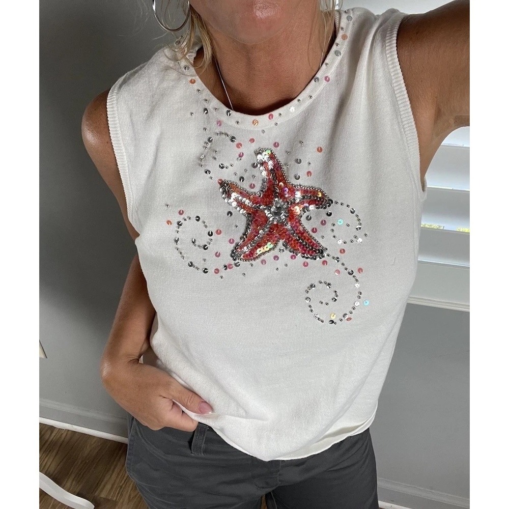 Quacker Factory Starfish‎ Sequence Beaded Knit Tank Top Women Size M Vintage